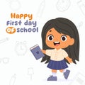 Cute smiling pupil girl. Preschool kid at school. First day of school banner. Back to school