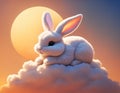 Cute smiling rabbit on cloud in warm sunset