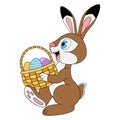 Cute smiling Rabbit holding basket with Easter eggs. Cartoon character Hare. Side view. Template design of wild or farm animal. Royalty Free Stock Photo