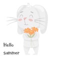 Cute smiling rabbit holding a bouquet of spring flowers.Hello summer. Kids design. Adorable animal, character in pastel Royalty Free Stock Photo