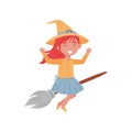 Cute smiling red haired little girl dressed as a witch flying on a broom vector Illustration on a white background Royalty Free Stock Photo