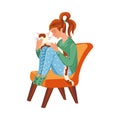Cute girl sitting on the orange armchair with the cat. Vector colorful illustration in cartoon style Royalty Free Stock Photo