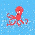 Cute smiling red octopus swimming underwater with blue water bubbles in the ocean.