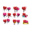 Cute smiling red and pink hearts characters set, funny couples in love with different situations and emotions. Happy Royalty Free Stock Photo