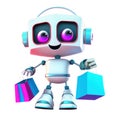 Cute smiling robot holding shopping bags isolated on white background. Generative AI illustration Royalty Free Stock Photo