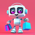 Cute smiling robot holding shopping bags over red background, generative AI illustration Royalty Free Stock Photo