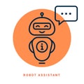 A cute smiling robot talking to a chat bot. Vector linear illustration icon. Robot assistant.