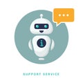 A cute smiling robot talking to a chat bot. Vector linear illustration icon. Robot assistant.