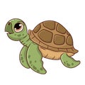 A cute smiling sea turtle cartoon style. It has green skin and a brown carapace