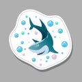 Cute smiling Shark label. Cartoon funny character swimming through water bubbles