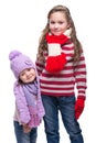 Cute smiling sisters wearing colorful knitted sweater, scarf, hat and gloves isolated on white background. Winter clothes. Royalty Free Stock Photo