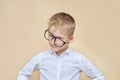 Cute smiling sly boy in crooked glasses Royalty Free Stock Photo