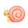 Cute smiling snail isolated on white. Funny insect for children. Watercolor cartoon illustration Royalty Free Stock Photo