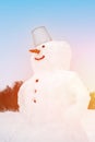 Cute smiling snowman in the field covered with snow. Artistically colored photography