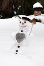 Cute smiling snowman with homemade heart shaped suet cake for wild birds