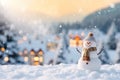 Cute smiling snowman in knitted beanie and scarf in frosty snowy winter forest village. Pastel flare. Template with copy space