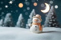 Cute smiling snowman in knitted beanie and scarf in snowy winter forest. Night scene moon stars. Christmas New Years greeting card