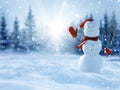 Cute smiling snowman with red scarf and hat with a broom in his hand.Winter fairytale.Merry christmas and happy new year greeting Royalty Free Stock Photo