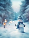 A cute smiling snowman stands against the backdrop of a festive winter landscape. A template for a Christmas card.