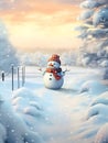 A cute smiling snowman stands against the backdrop of a festive winter landscape. A template for a Christmas card.