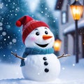 A cute smiling snowman stands against the backdrop of a festive winter A template