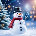 A cute smiling snowman stands against the backdrop of a festive winter A template