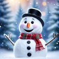 A cute smiling snowman stands against the backdrop of a festive winter A template
