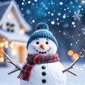 A cute smiling snowman stands against the backdrop of a festive winter A template