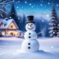 A cute smiling snowman stands against the backdrop of a festive winter A template