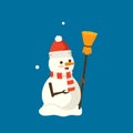 Cute Smiling Snowman Wear Santa Hat with Broom in Hand. Christmas Character. Happy New Year and Merry Xmas Personage Royalty Free Stock Photo