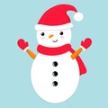 Cute smiling snowman wearing Santa hat, red scarf and mittens. Vector illustration, clip art element  for Christmas, New Year, Royalty Free Stock Photo