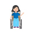 Cute smiling student girl in jeans stay in wheelchair