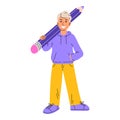 Cute smiling student holds a large pencil on his shoulder. Concept for education, creation, design, blog.