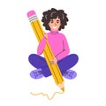 Cute smiling student sits, holds a large pencil and writes. Concept for education, creation, design, blog.