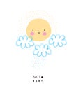 Cute Smiling Sun Vector Illustration. Simple Print with Kawaii Style Yellow Sun nad Blue Rainy Clouds.