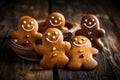 Cute smiling tasty homemade gingerbread men. Delicious cookies on a wooden table. Generated by AI Royalty Free Stock Photo