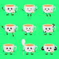 Cute smiling Tea cup set collection. Vector modern cartoon face character illustration.Isolated on green background. Tea cup Royalty Free Stock Photo