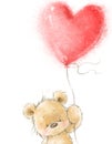 Cute smiling Teddy Bear in love with the big red heart balloon. Valentines day postcard. Romantic feeling sketch Royalty Free Stock Photo