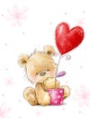 Cute smiling Teddy Bear in love with the big red heart flower. Valentines day postcard. Romantic feeling sketch Royalty Free Stock Photo