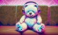 Cute smiling teddy bear sitting on couch and listening to music Royalty Free Stock Photo