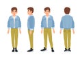 Cute smiling teenage boy, teen or teenager dressed in green jeans and denim jacket. Flat cartoon character isolated on