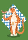 A cute smiling tiger is holding a mug of beer and a fork with sausage and is enjoying the Oktoberfest.