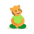 Cute smiling tiger sitting legs crossed, cartoon character. Flat vector illustration, isolated on white background. Royalty Free Stock Photo