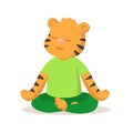 Cute smiling tiger sitting in lotus position, cartoon character. Flat vector illustration, isolated on white background. Royalty Free Stock Photo