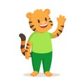 Cute smiling tiger standing waving hand, cartoon character. Flat vector illustration, isolated on white background. Royalty Free Stock Photo