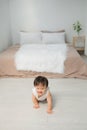 Cute smiling toddler baby girl crawling on the floor Royalty Free Stock Photo