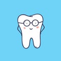 Cute smiling tooth wearing glasses. Smart happy mascot or symbol for dental or orthodontic clinic. Funny friendly