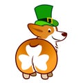 Cute smiling welsh corgi dog in green leprechaun top hat cartoon illustration isolated on white background. Funny shamrock