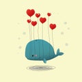 cute smiling whale with heart-shaped balloons tied to it