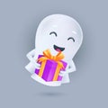 Cute smiling white ghost with a gift box in his hands. Happy Halloween. Friendly phantom icon. Smiling 3D character. Vector